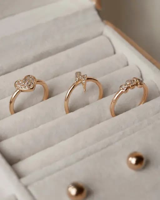 rose gold diamond rings in jewelry box heart lightning and floral designs.