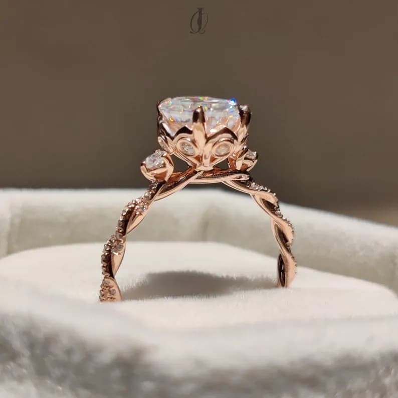 Oval Moissanite Designer Halo Engagement Ring, 14K Rose Gold Anniversary Gift Ring For Women, Oval Twisted Shank Daily Wear Proposal Ring