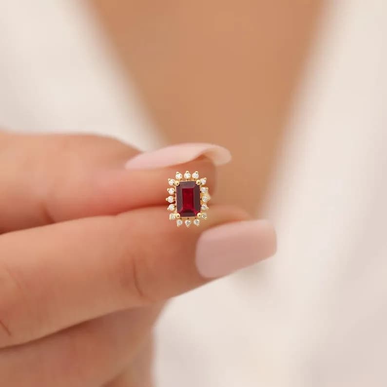Elegant Ruby and Diamond Halo Rectangle Stud Earrings in 14K Solid Gold.