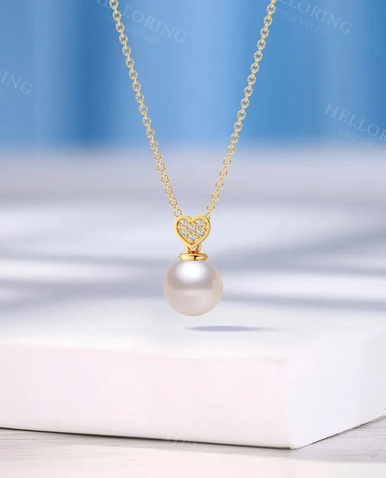 Elegant Freshwater Pearl Pendant Necklace with Moissanite Heart Design, Handmade 10K Yellow Gold Necklace, Perfect Mother's Day Gift for Her