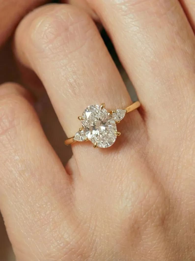 2.5ct Oval Cut Moissanite Ring, Petite Three Stone Engagement Ring, 14K Solid Gold Dainty Minimalist Jewelry, Pear Side Stone Promise Ring image 1